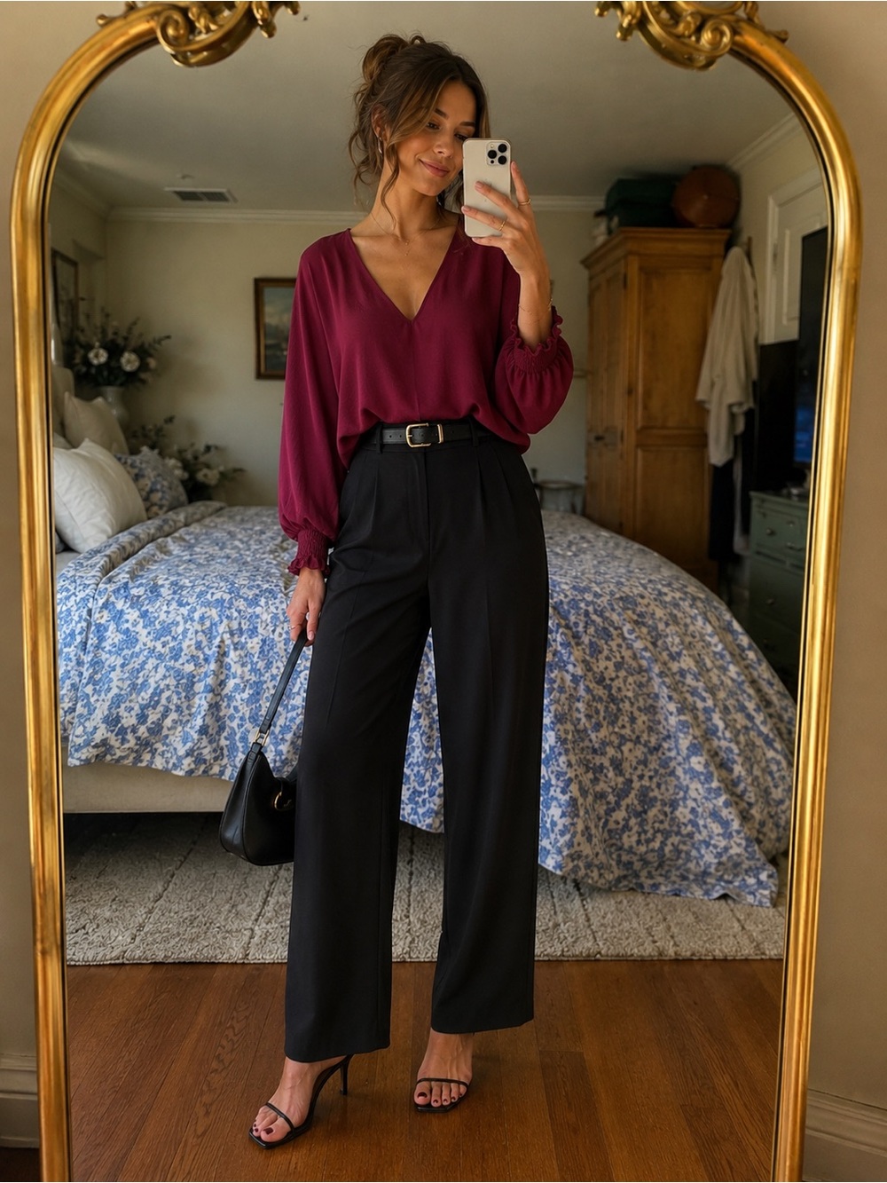 Ee:some wine color, Dolman sleeve boutique blouse with ruffle cuffs size large